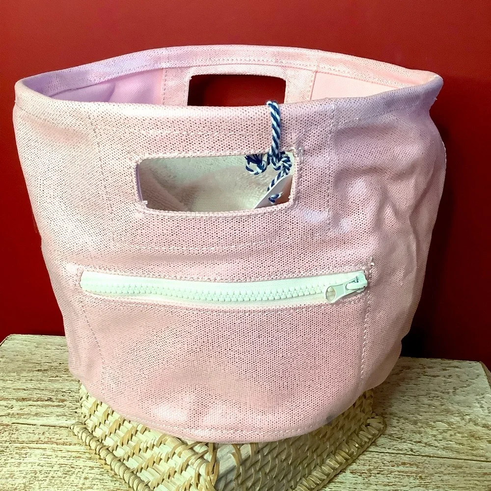 MIMISH Metallic Pink Storage Bin Round Canvas 100% Cotton With Zipper & …